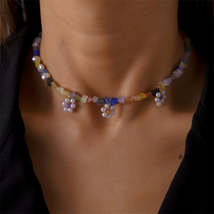 Lavender Resin &amp; Pearl Multicolor Floral Beaded Necklace - £11.25 GBP