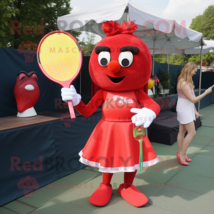 Red Tennis Racket mascot costume character dressed with a Cocktail Dress and Tie - £1,014.85 GBP