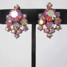 Women Clip On Earrings Pink Iridescent Rhinestones Vintage 60s Elegant Style - £20.70 GBP