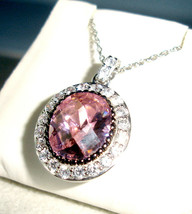 Pink Faceted CZ w/Crystal Halo Pendant Necklace Sterling Silver 18&quot; Lenox New - £39.48 GBP