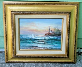 M. Andrea Vintage Oil on Wood Board Signed Sunset Seascape Lighthouse Framed - £49.92 GBP