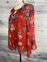 Cabi Devoted Blouse Womens XS Keyhole Chiffon Lined Red Floral Bell Sleeves - £10.60 GBP