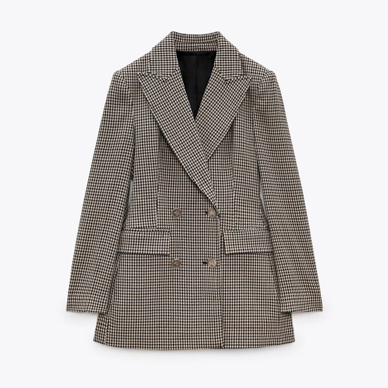 Garaouy  Spring Women Vintage Plaid Houndstooth Blazer Jacket Casual Double Brea - £186.39 GBP