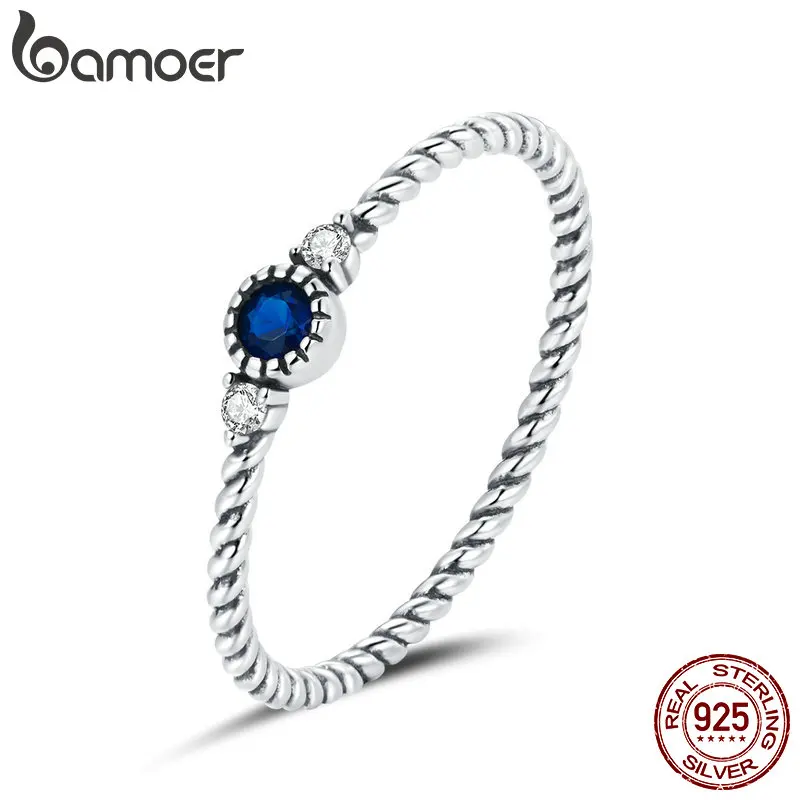 bamoer Blue Zircon Finger Rings for Women 925 Sterling Silver Retro Engagement W - $32.10