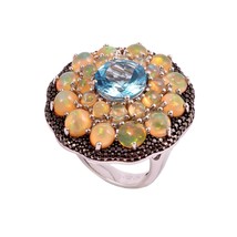 Vintage Inspired Sky blue topaz and Ethiopian Opal Ring/ Antique Art Deco Victor - £192.72 GBP