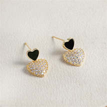 Cubic Zirconia &amp; Black Enamel Double Heart Drop Earrings - £10.38 GBP