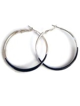 Silver Tone Dark Blue Inlay Large Hoop Earrings - £7.15 GBP