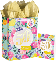 WRAPAHOLIC 13&quot; Large 50Th Birthday Gift Bag with Card and Tissue Paper - Floral  - £9.41 GBP