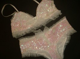 Victoria&#39;s Secret 34C 36B M BRA BRALETTE SET S panty white pink SEQUINED... - £53.36 GBP