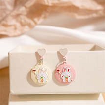 Pink &amp; White Enamel Rabbit &amp; Carrot Round Drop Earrings - £10.41 GBP
