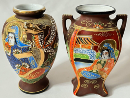 2 Vintage Japanese Moriage Hand Painted Enameled Immortal Vases Marked Japan - £26.50 GBP