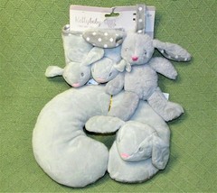 Kelly Toys 3 Pc Baby Travel Set Gray Bunny Plush Rattle Belt Cover Neck Pillow - £8.63 GBP