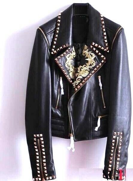 Mens Golden Studded Sleeves Leather Jacket Biker Golden Embroidered Design Party