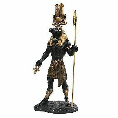 Black And Gold Egyptian God Sobek With Crocodile Head Atef Crown And Ankh Statue