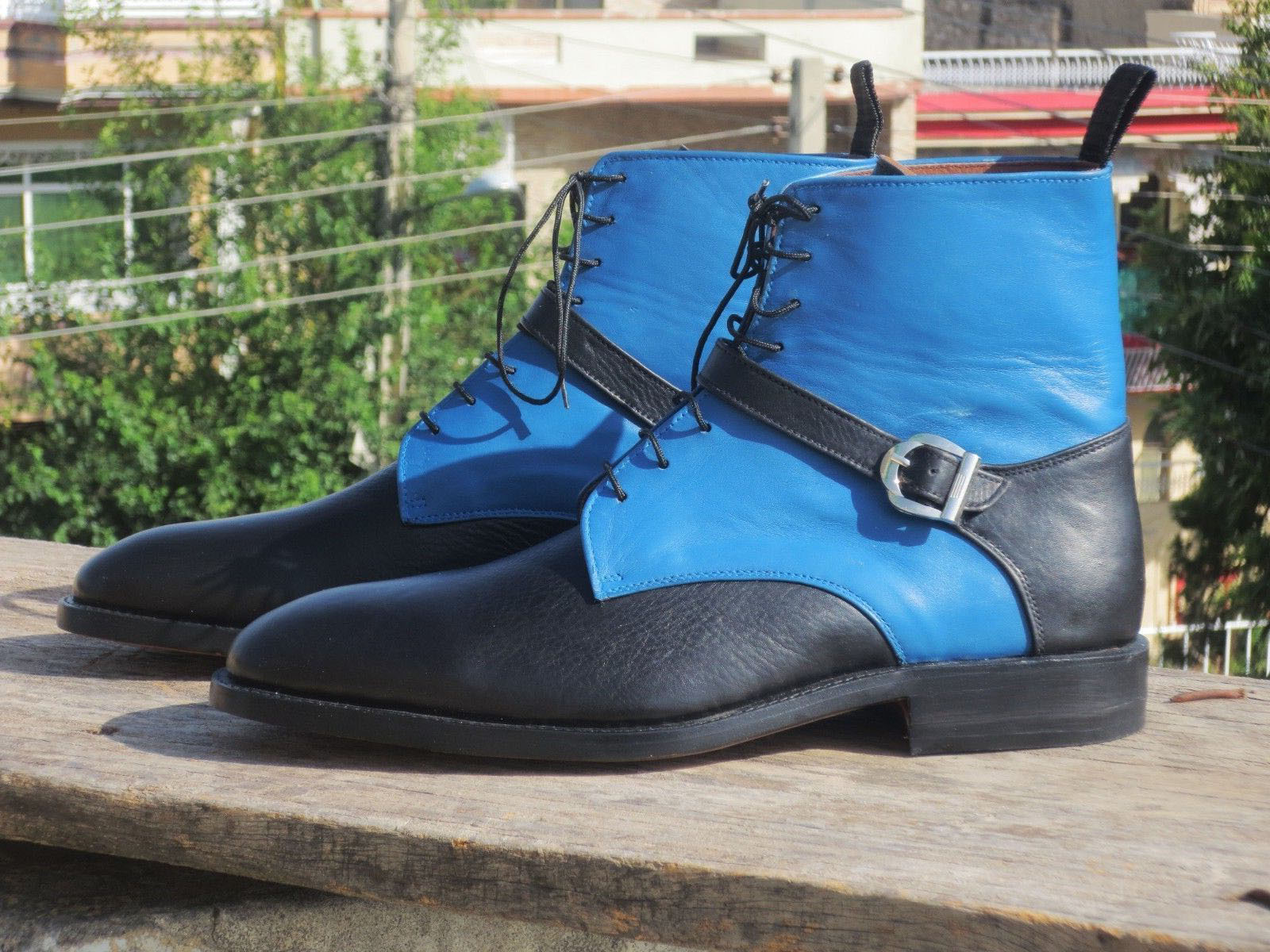 Handmade Mens Black Blue Ankle Boot, Men's Leather Jodhpurs Lace Up Fashion Boot