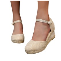 Sandals Ladies Straw Hemp Rope Sandals Retro Linen Canvas Wedge Round Toe Casual - £24.62 GBP