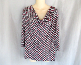 Talbots top cowl neck Medium white black red print 3/4 sleeves Black label - $15.63