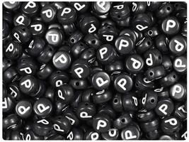 BeadTin Black Opaque 7mm Coin Plastic Alphabet Beads - White Letter P (1... - $2.09