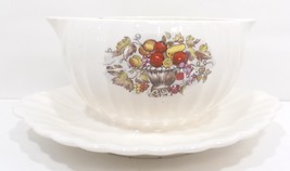 Double Spout Gravy Bowl/Attached Underplate Fruit Design Ribbed Bowl/Und... - £39.33 GBP