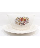 Double Spout Gravy Bowl/Attached Underplate Fruit Design Ribbed Bowl/Und... - £39.90 GBP