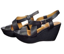 Clarks Nadene Ziva Black Leather Wedge Strappy Sandal Size 9.5M - £17.26 GBP