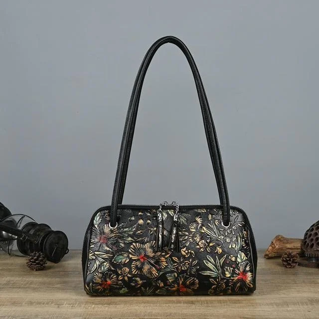 New Vintage Women Shoulder Bag Genuine Leather Flower Handbag Painted Embossed B - $108.00