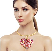 Fashion Women Purple Crystal Heart Pendant Gold Plated Rigid Collar Necklace Set - $57.82