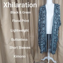 Xhilaration Black &amp; Green Floral Print Lightweight Buttonless Kimono Size XS/S - £8.64 GBP