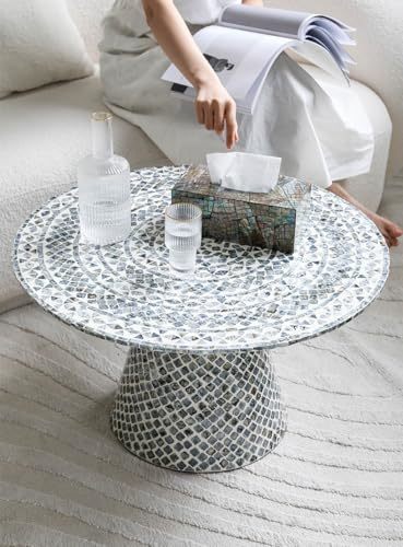Vintage Gray Mosaic Round Coffee Table, Designer Accent Table for Living Room So Item image 7
