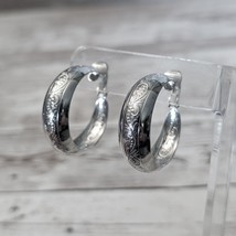 Vintage Clip On Earrings Chunky Large Silver Tone Hoops with Vine Pattern - $15.99