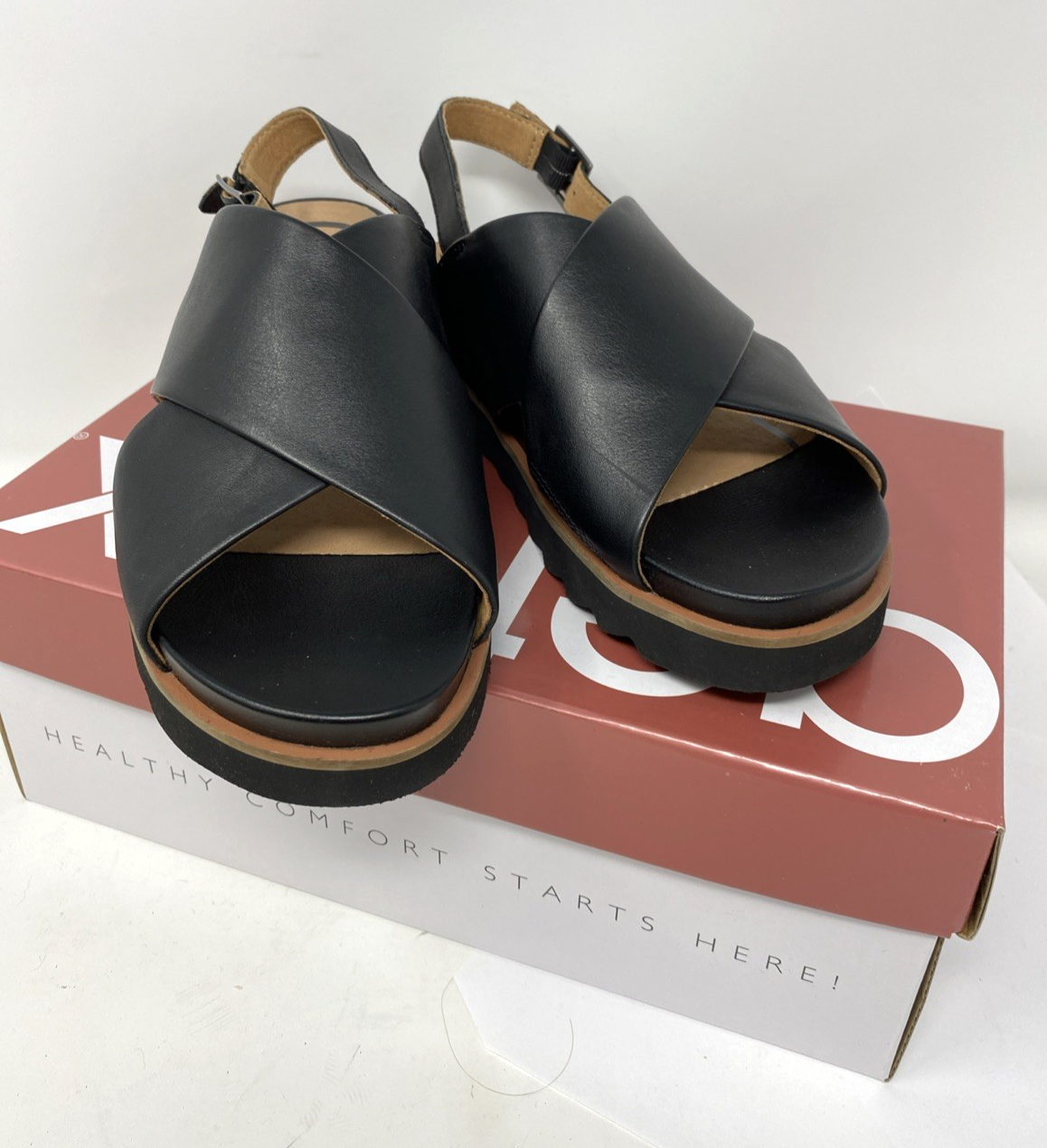 NIB Aetrex Thea Black Leather Sling Back Flat Sandals Size 7M - $61.74