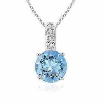 ANGARA 5mm Natural Aquamarine Solitaire Pendant Necklace with Diamond in Silver - £176.25 GBP+