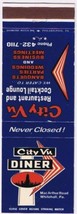 Matchbook Cover City Vu Diner Cocktail Lounge MacArthur Whitehall Pennsylvania - £1.05 GBP