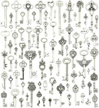 80 Skeleton Key Charms Antiqued Silver Steampunk Pendants Set Mixed Lot Assorted - £21.63 GBP