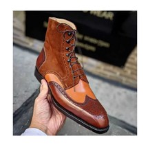 New Handmade Men’s Brown Tan Wingtip Cowhide Leather Lace Up Balmoral Bo... - £141.63 GBP