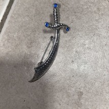 Vintage 1960s Gerry Signed Scimitar Pin Silver Tone Blue Crystals Pirate Sword  - £4.74 GBP