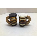 Vintage Amber Glass Beer Mugs  Salt &amp; Pepper Shakers German Stein Brass - $9.90