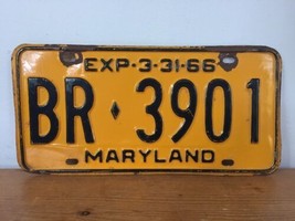 Vintage March 1966 Maryland US State Caution Yellow Metal License Plate - £97.73 GBP
