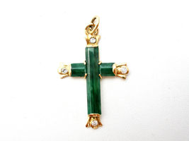 Vintage 14K Gold Jade Cross Pendant Diamond Jewelry Green Gemstone For Necklace - £521.63 GBP