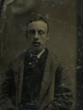 ca 1870s Tintype Handsome Young Lit Cigar Mouth Tie Overcoat Tin Photo 1.5&quot; by 2 - £13.81 GBP