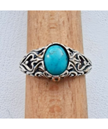 SOUTHWESTERN 925 STERLING SILVER  OVAL 8x6 mm.TURQUOISE SCROLL SWIRL RIN... - $58.27 CAD