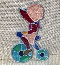 Vintage Stained Glass Style Bonnet Girl On Bicycle Sun Catcher Prairie - £9.32 GBP