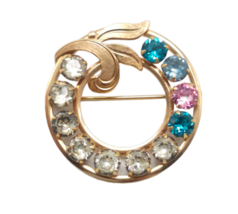 Van Dell 12k Gold Filled Multicolor Rhinestone Circle Wreath Brooch Pin Vintage - $26.72