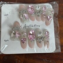 Luxury Pink Rhinestone Bow Press On Nails Almond Shape Designer Crystal Set - $15.84
