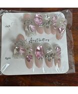 Luxury Pink Rhinestone Bow Press On Nails Almond Shape Designer Crystal Set - $15.84