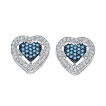 925 Sterling Silver 1/2 CT Blue &amp; White Simulated Heart Women&#39;s Stud Earrings - £58.88 GBP