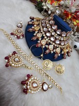 Bollywood Style Indian Gold Plated Kundan Necklace Tikka Nose Ring Jewelry Set - £149.09 GBP