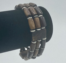 VTG Brown Wood Cylindrical &amp; Rectangular Bead Bracelet Silver Tone Spacers - £3.12 GBP