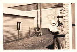 VINTAGE PHOTO 1940&#39;s B &amp; W 2 3/4&quot; x 2 1/2&quot; DAD STANDING w/ BABY in YARD - $0.99