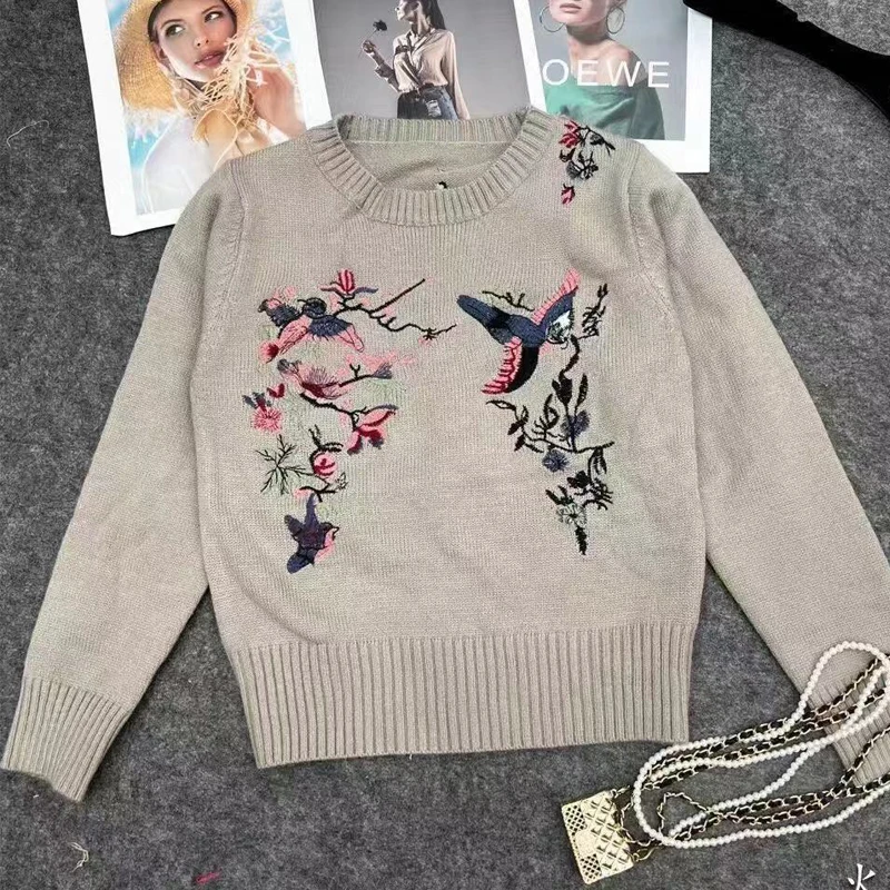 Embroidered Flowers Birds  Pullovers Women O-Neck Long Sleeve High Street Casual - £135.23 GBP